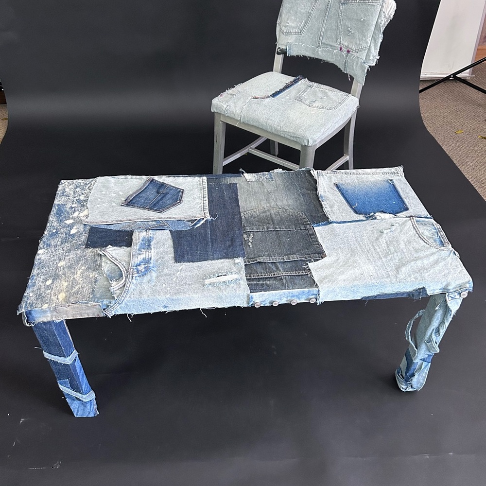 Denim Patchwork Art Sculpture Table and Chair Set